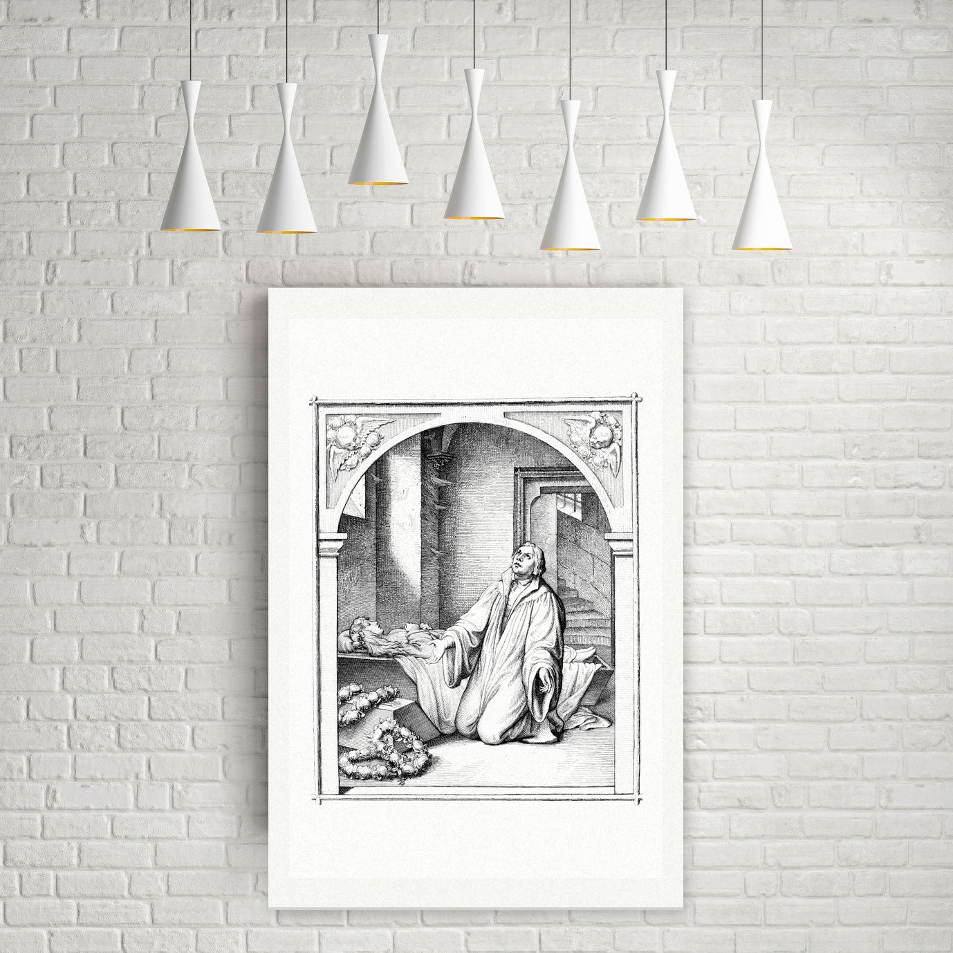 Luther am Sarg seiner Tochter Magdalena – Stich nach Gustav König (Monogramm GK), Leinwanddruck auf Holzkeilrahmen an der Wand