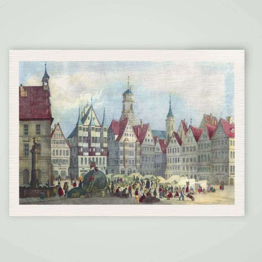 Stuttgart, Marktplatz mit Giebelhäusern, Brunnen und Stiftskirche, kolorierter Stahlstich, Kunstdruck auf Leinenpapier