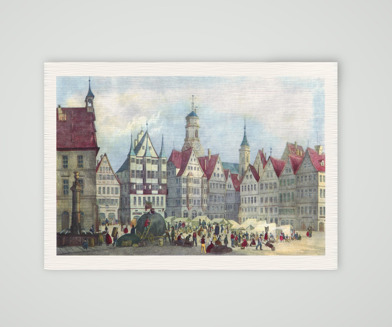 Stuttgart, Marktplatz mit Giebelhäusern, Brunnen und Stiftskirche, kolorierter Stahlstich, Kunstdruck auf Leinenpapier