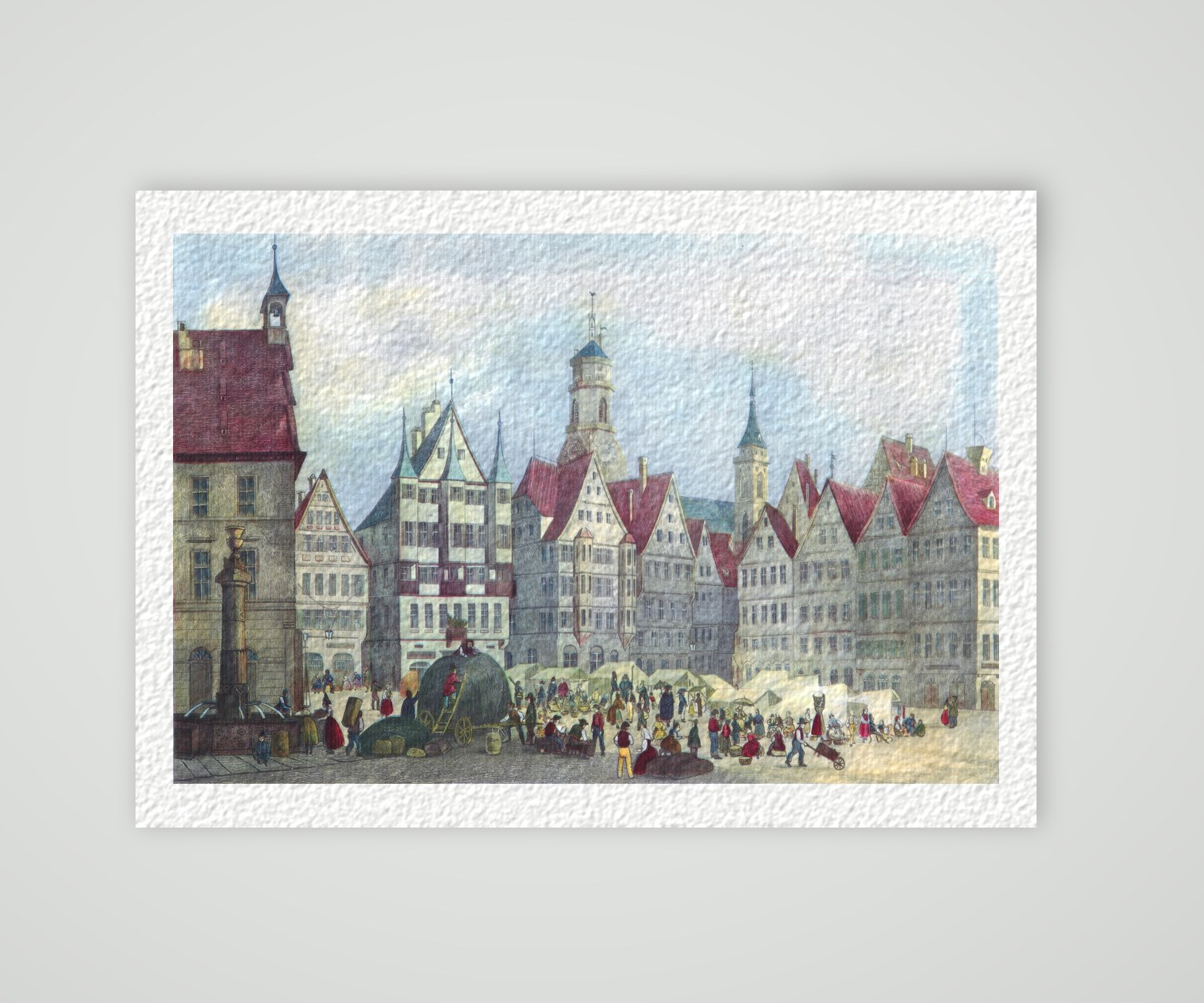 Stuttgart, Marktplatz mit Giebelhäusern, Brunnen und Stiftskirche, kolorierter Stahlstich, Kunstdruck auf Hahnemühle-Büttenpapier