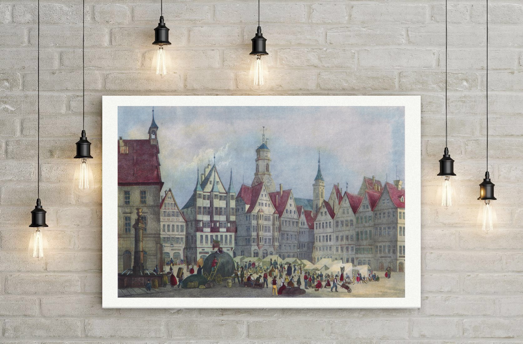 Stuttgart, Marktplatz mit Giebelhäusern, Brunnen und Stiftskirche, kolorierter Stahlstich, Leinwanddruck auf Holzkeilrahmen an der Wand