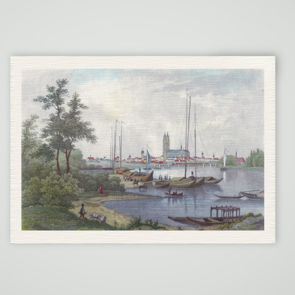 Magdeburg, Blick über die Elbe mit Schiffen auf Stadt und Dom, kolorierter Stahlstich, Kunstdruck auf Leinenpapier
