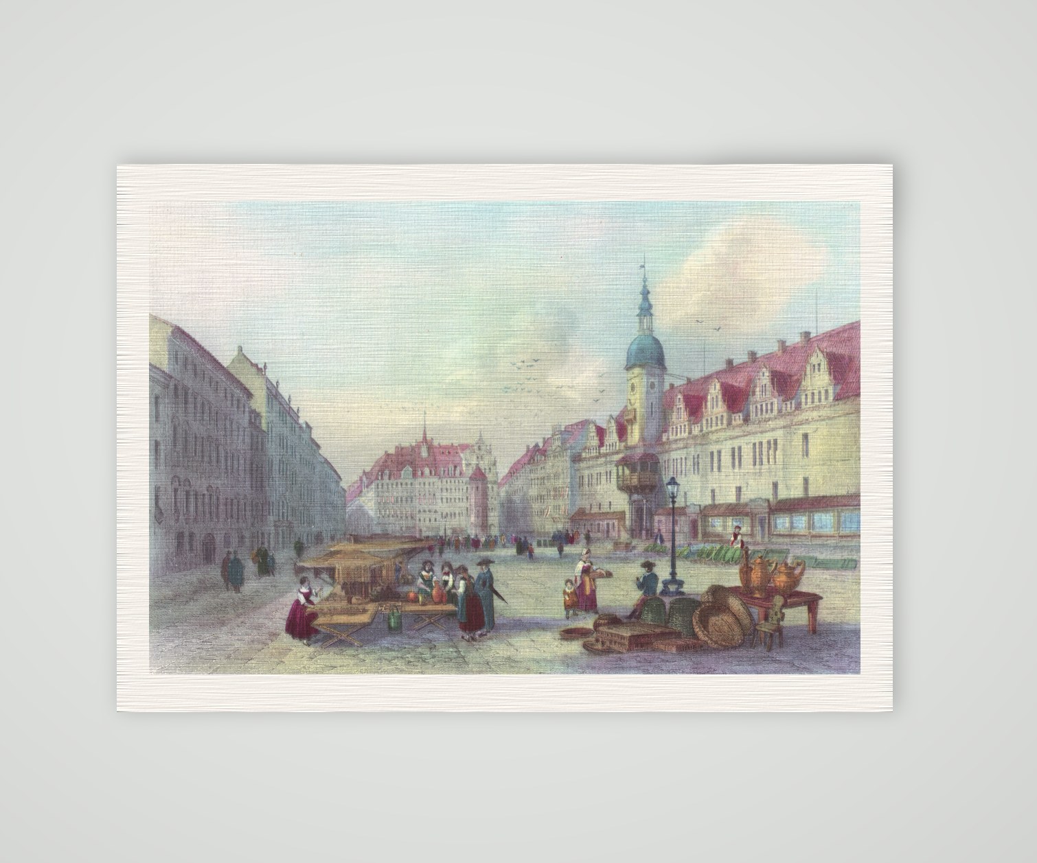 Leipzig, Markt mit Altem Rathaus und Marktständen, kolorierter Stahlstich 19. Jahrhundert, Kunstdruck auf Leinenpapier