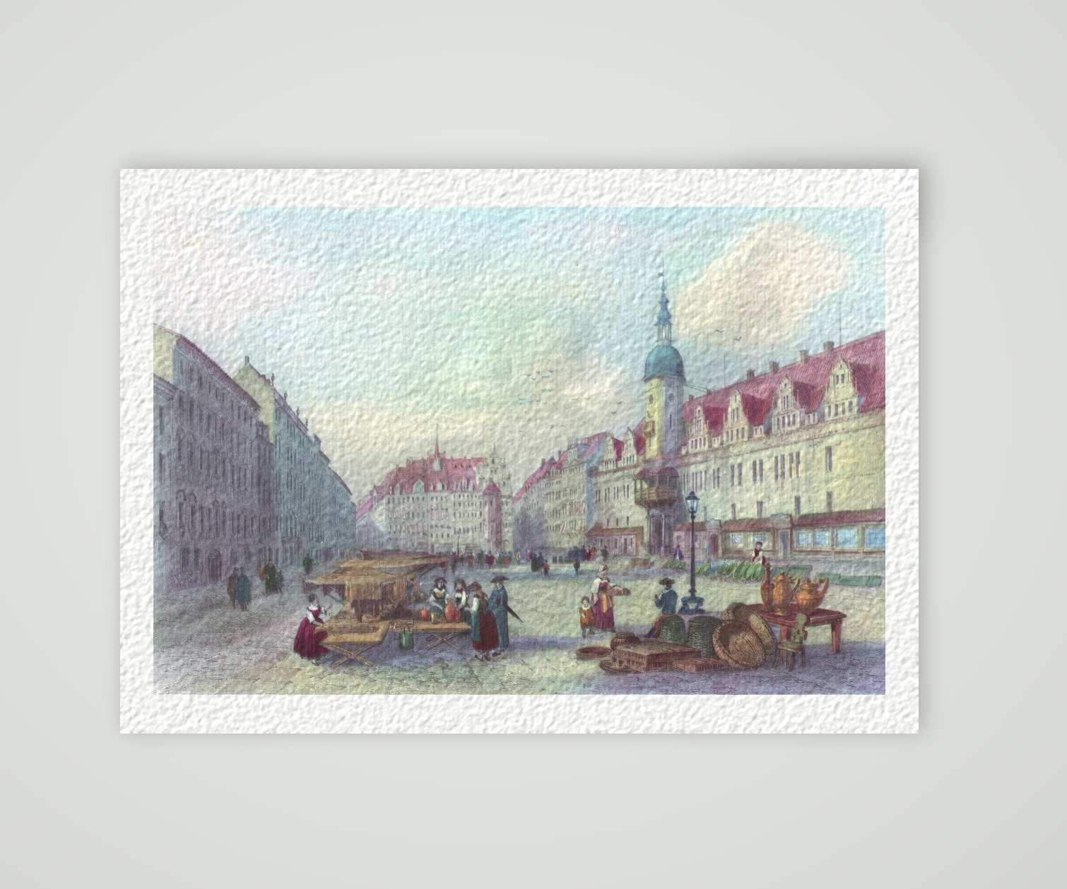 Leipzig, Markt mit Altem Rathaus und Marktständen, kolorierter Stahlstich 19. Jahrhundert, Kunstdruck auf Hahnemühle-Büttenpapier