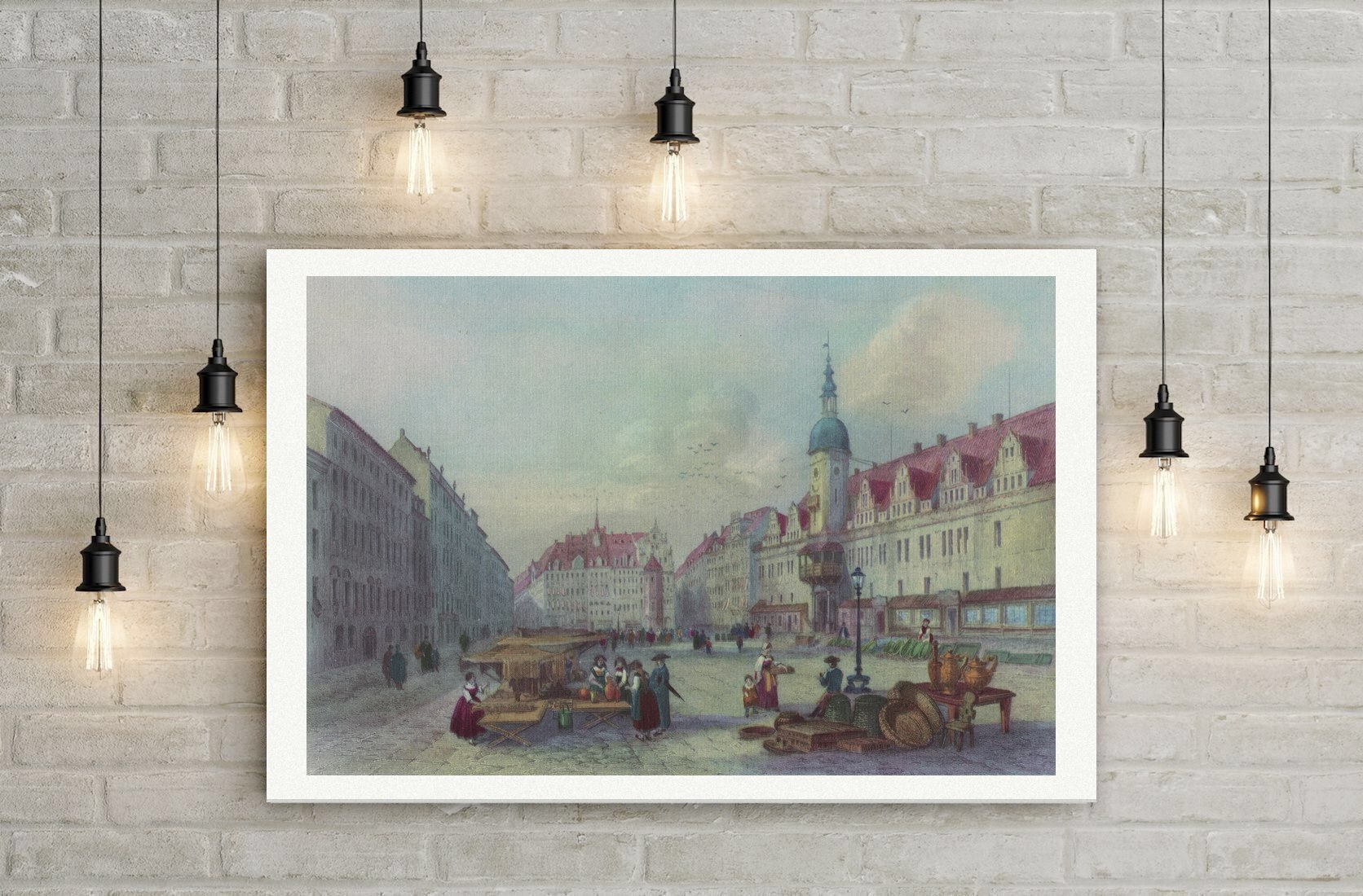 Leipzig, Markt mit Altem Rathaus und Marktständen, kolorierter Stahlstich 19. Jahrhundert, Leinwanddruck auf Holzkeilrahmen an der Wand