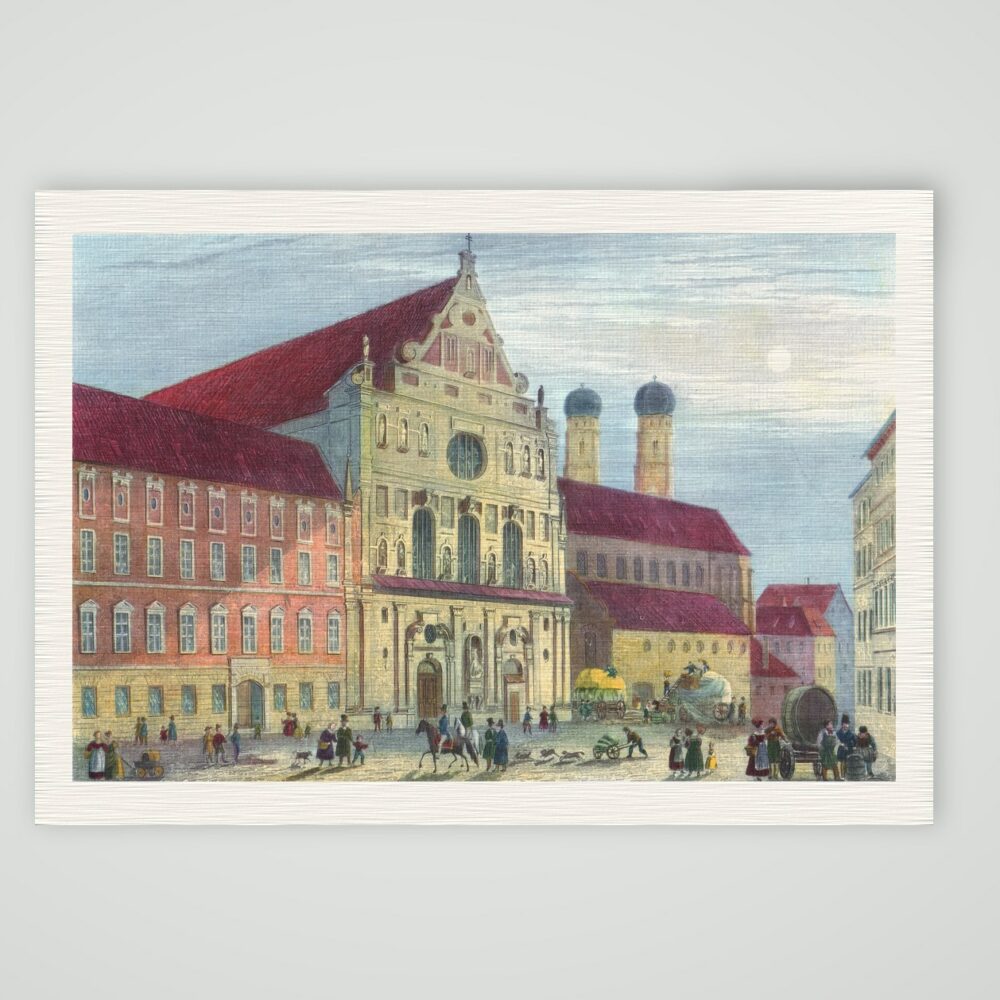München, Michaelskirche mit den Türmen der Frauenkirche, kolorierter Stahlstich 19. Jahrhundert, Kunstdruck auf Leinenpapier