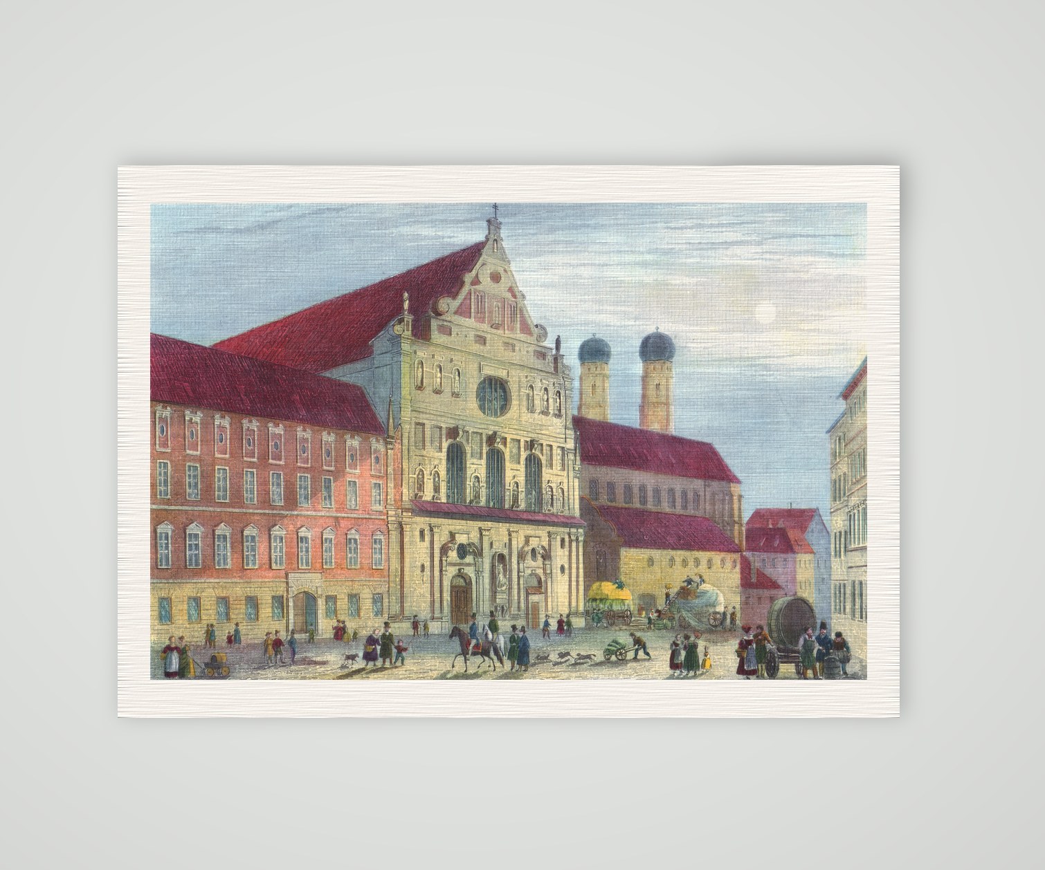 München, Michaelskirche mit den Türmen der Frauenkirche, kolorierter Stahlstich 19. Jahrhundert, Kunstdruck auf Leinenpapier