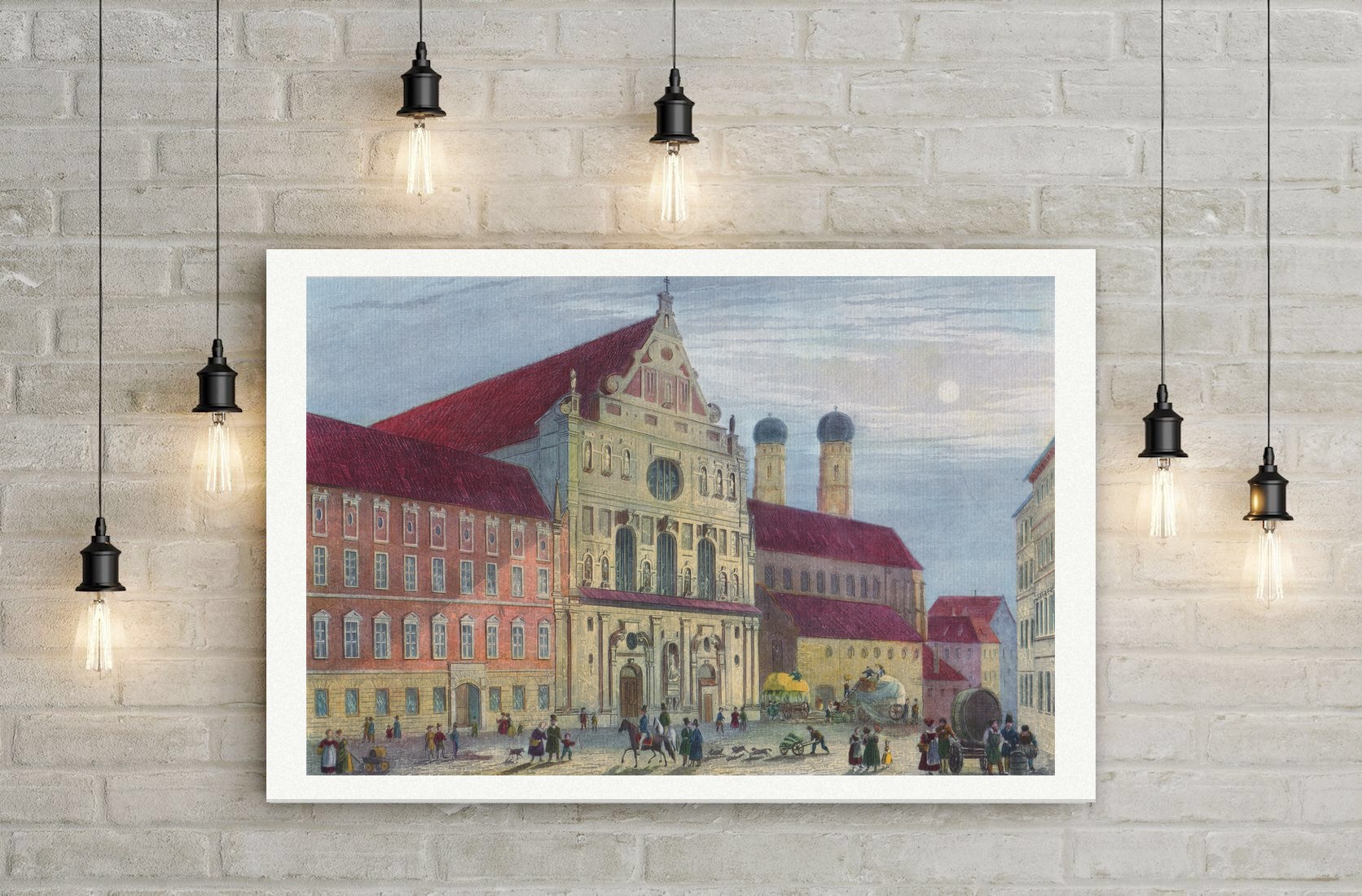 München, Michaelskirche mit den Türmen der Frauenkirche, kolorierter Stahlstich 19. Jahrhundert, Leinwanddruck auf Holzkeilrahmen an der Wand