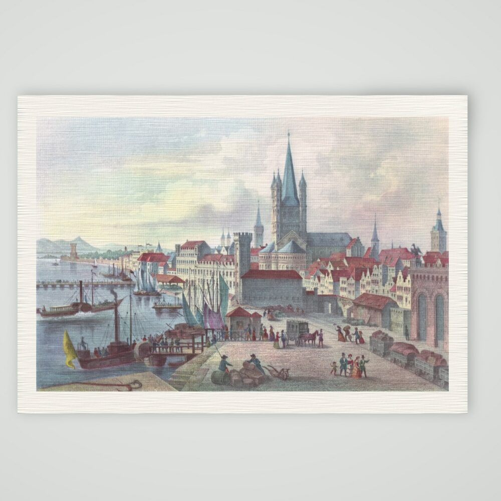 Köln, Rheinufer mit Groß St. Martin und Schiffen, kolorierter Stahlstich 19. Jahrhundert, Kunstdruck auf Leinenpapier