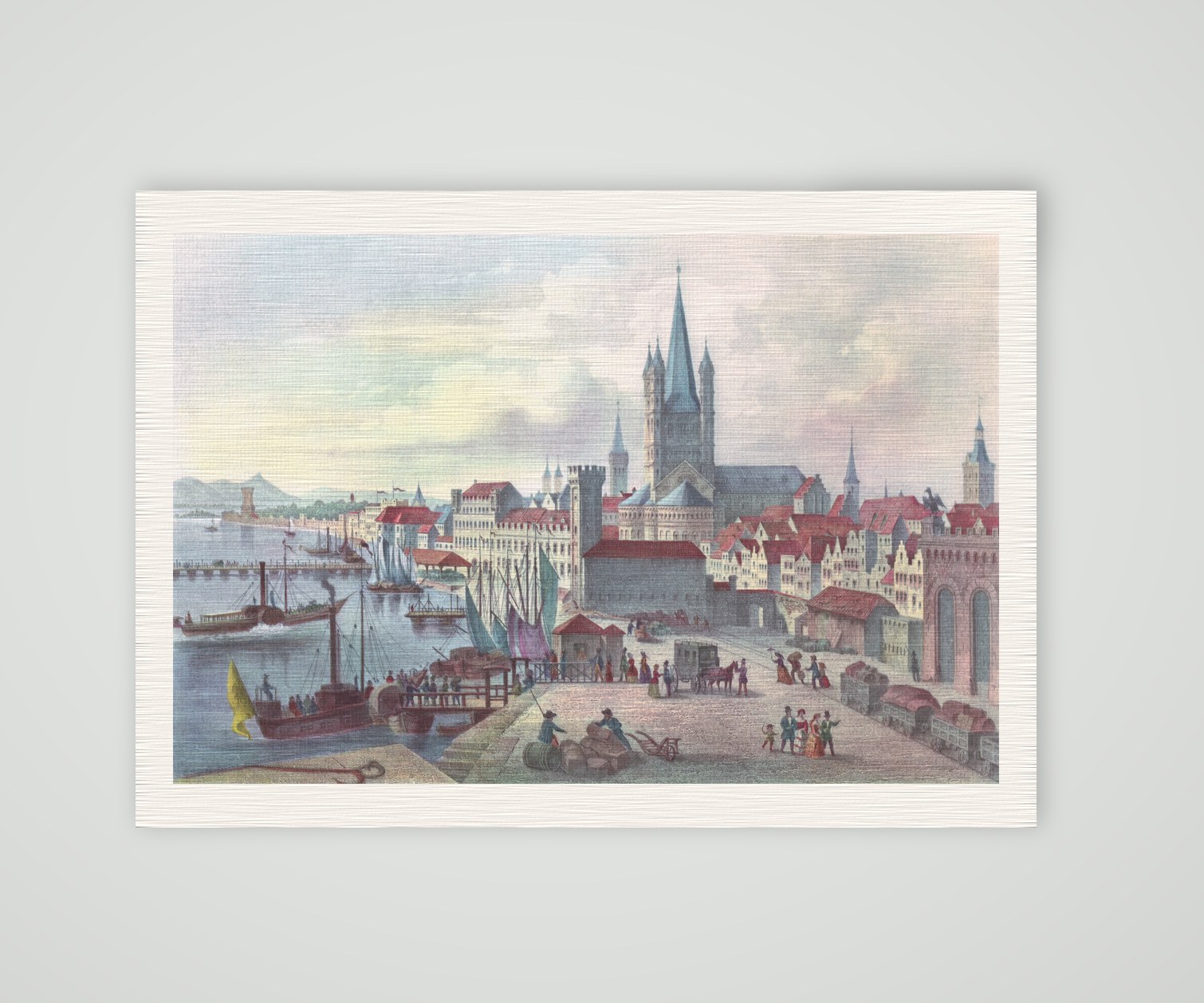 Köln, Rheinufer mit Groß St. Martin und Schiffen, kolorierter Stahlstich 19. Jahrhundert, Kunstdruck auf Leinenpapier