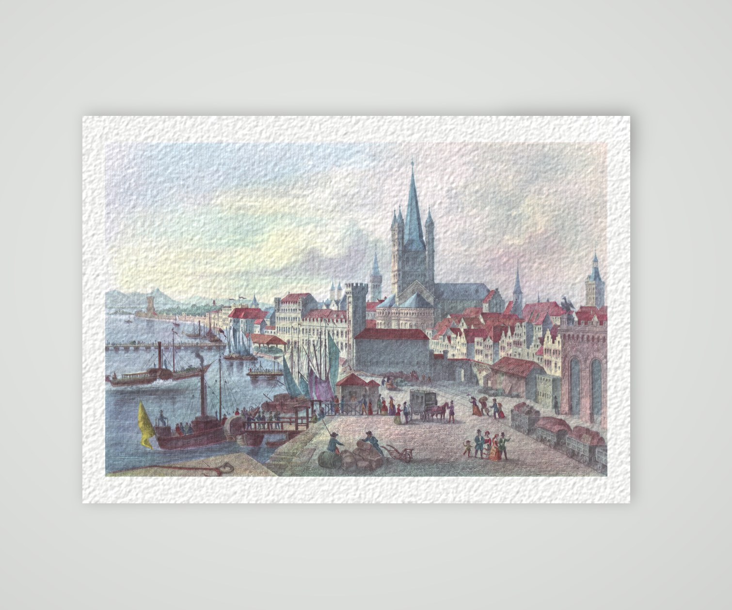 Köln, Rheinufer mit Groß St. Martin und Schiffen, kolorierter Stahlstich 19. Jahrhundert, Kunstdruck auf Hahnemühle-Büttenpapier