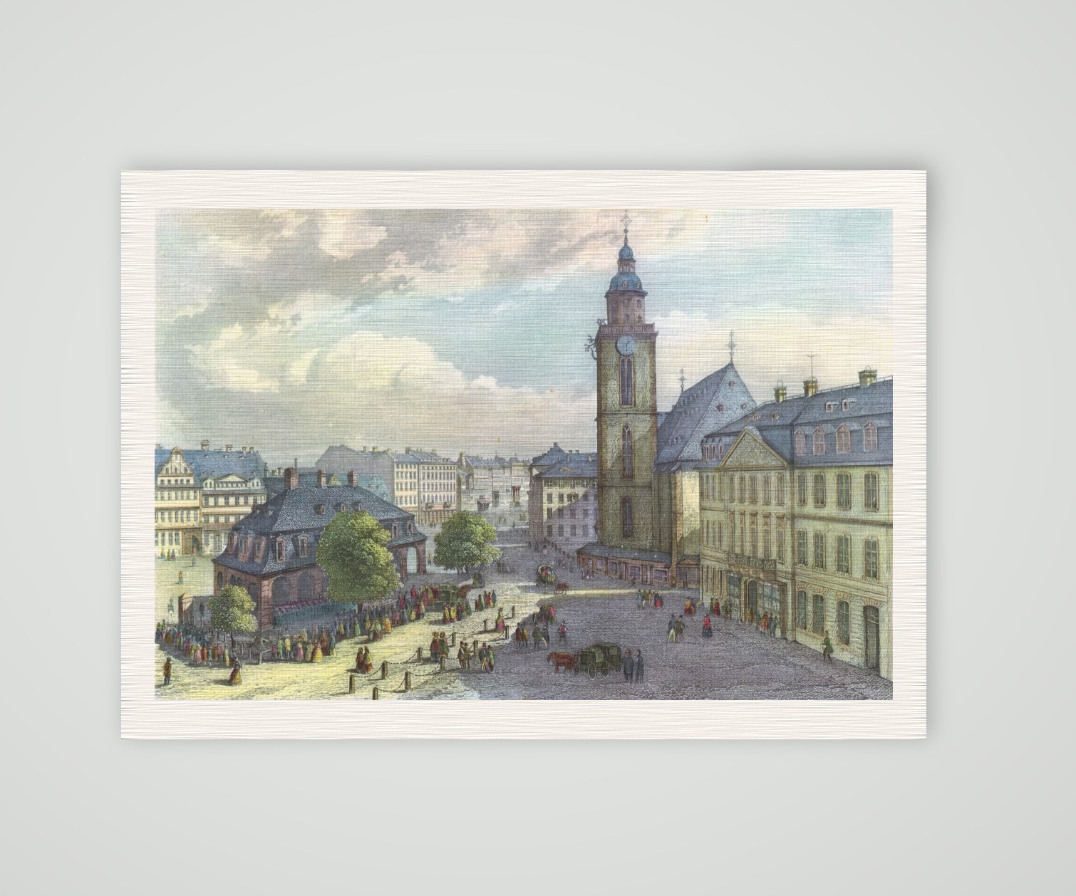 Frankfurt am Main, Hauptwache und Katharinenkirche, kolorierter Stahlstich 19. Jahrhundert, Kunstdruck auf Leinenpapier