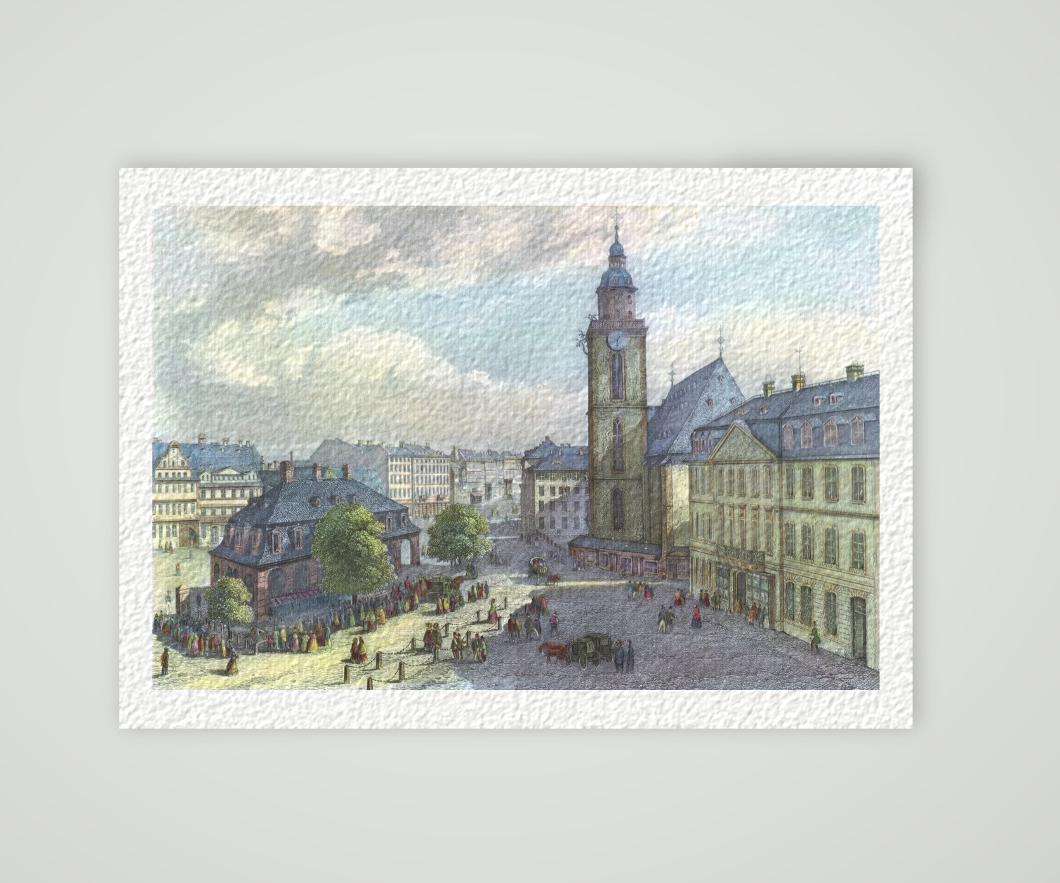 Frankfurt am Main, Hauptwache und Katharinenkirche, kolorierter Stahlstich 19. Jahrhundert, Kunstdruck auf Hahnemühle-Büttenpapier