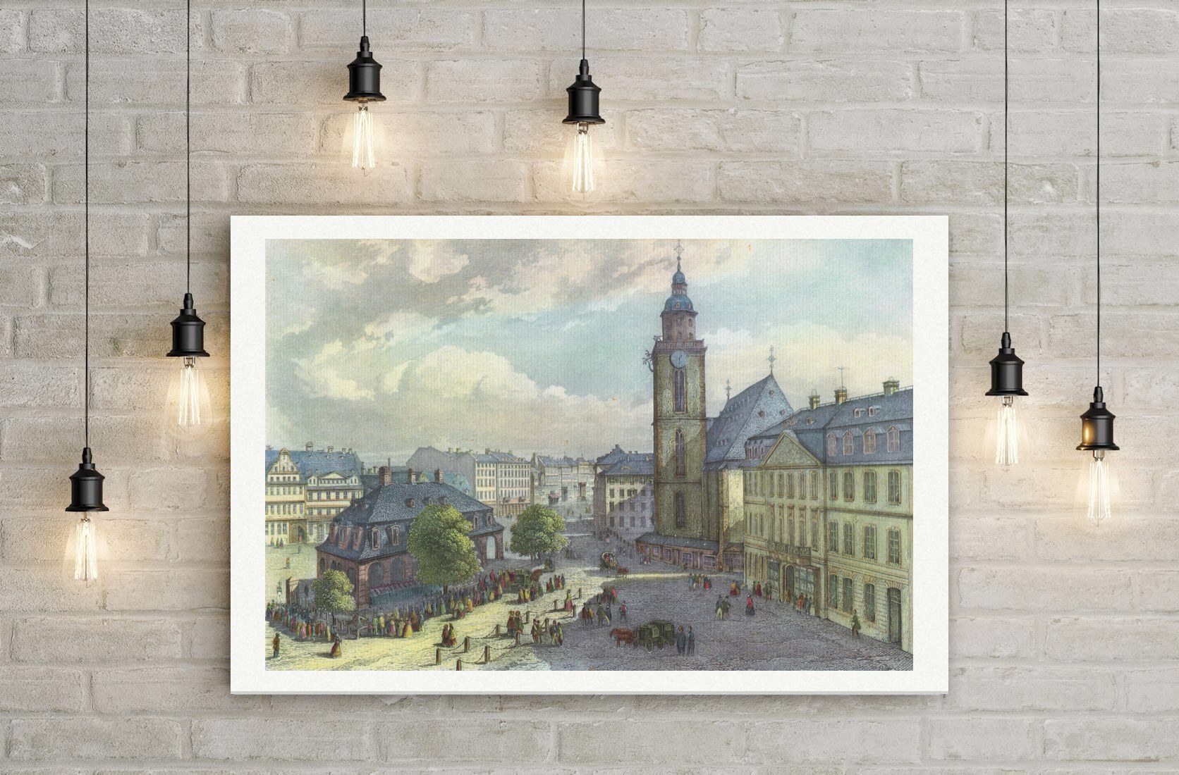 Frankfurt am Main, Hauptwache und Katharinenkirche, kolorierter Stahlstich 19. Jahrhundert, Leinwanddruck auf Holzkeilrahmen an der Wand