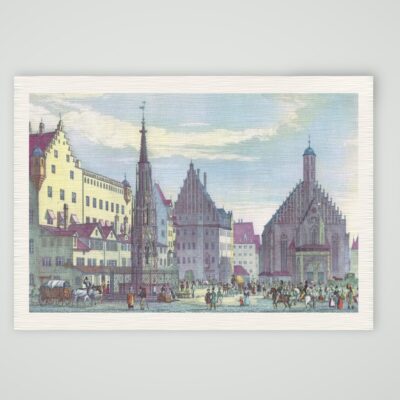 Nürnberg, Hauptmarkt mit Schönem Brunnen und Frauenkirche, kolorierter Stahlstich 19. Jahrhundert, Kunstdruck auf Leinenpapier
