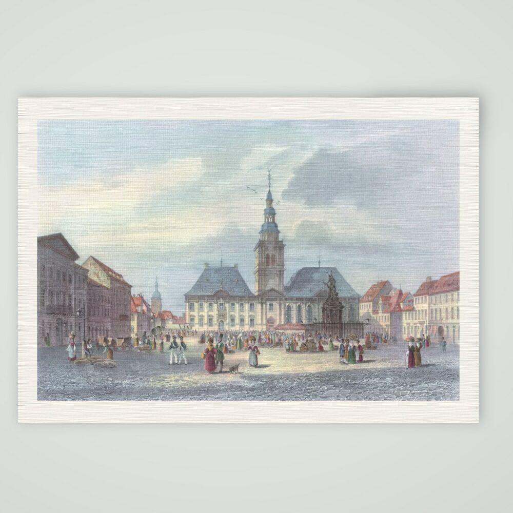 Mannheim, Marktplatz mit Altem Rathaus, Kirchturm und Denkmal, kolorierter Stahlstich, Kunstdruck auf Leinenpapier