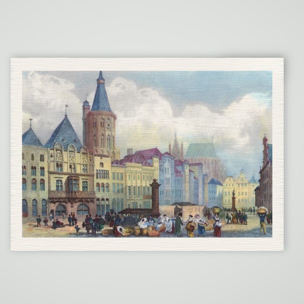 Köln, Alter Markt mit Giebelhäusern, Rathausturm und Markttreiben, kolorierter Stahlstich, Kunstdruck auf Leinenpapier