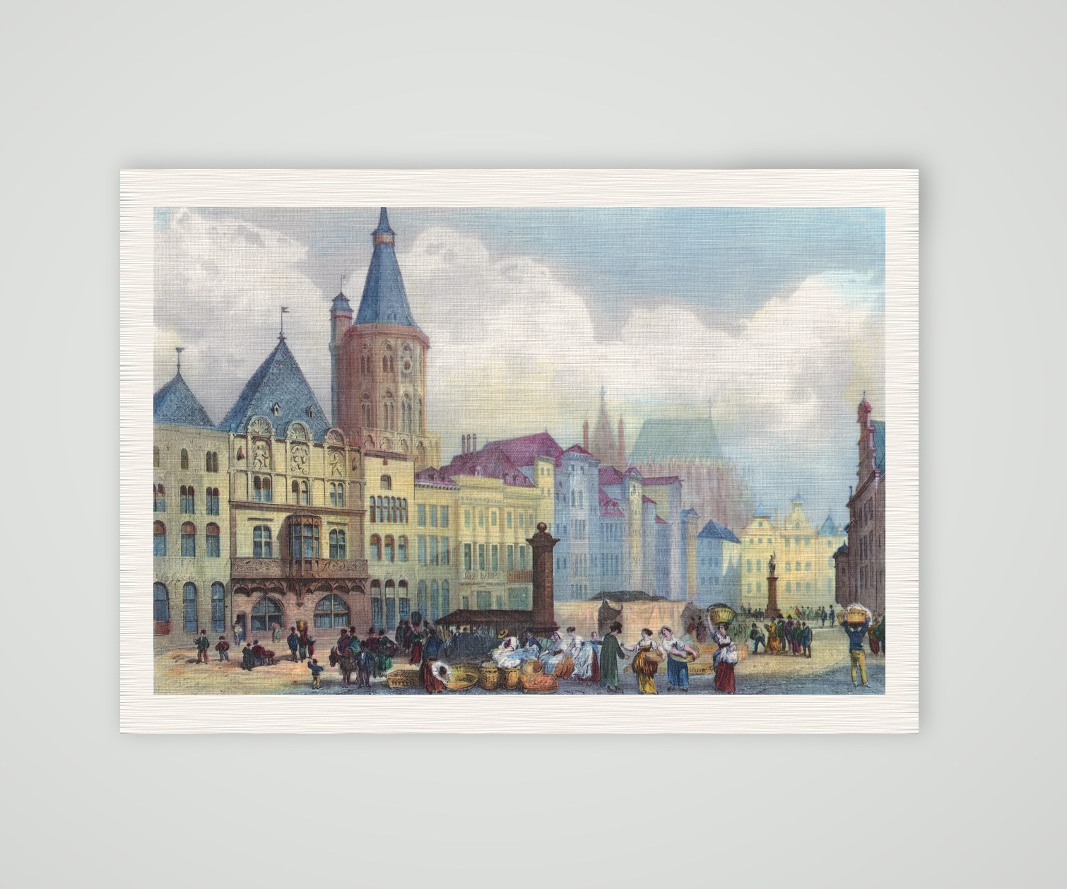 Köln, Alter Markt mit Giebelhäusern, Rathausturm und Markttreiben, kolorierter Stahlstich, Kunstdruck auf Leinenpapier