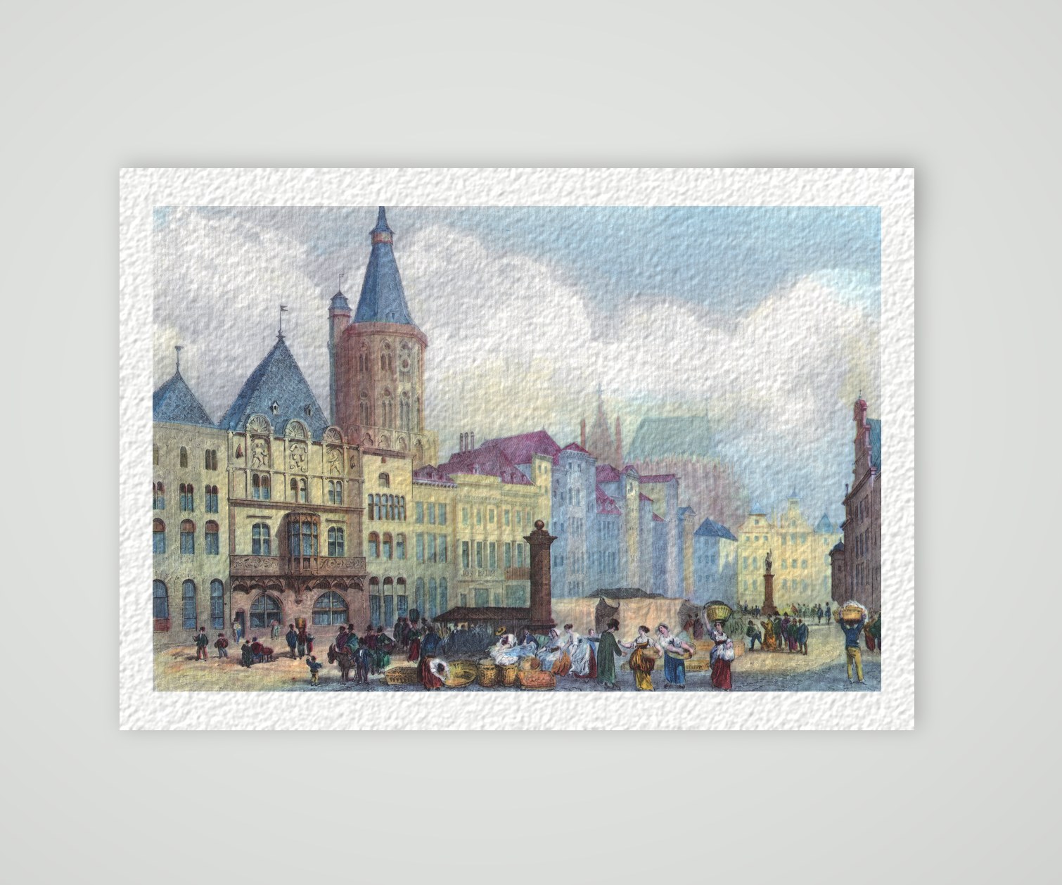 Köln, Alter Markt mit Giebelhäusern, Rathausturm und Markttreiben, kolorierter Stahlstich, Kunstdruck auf Hahnemühle-Büttenpapier