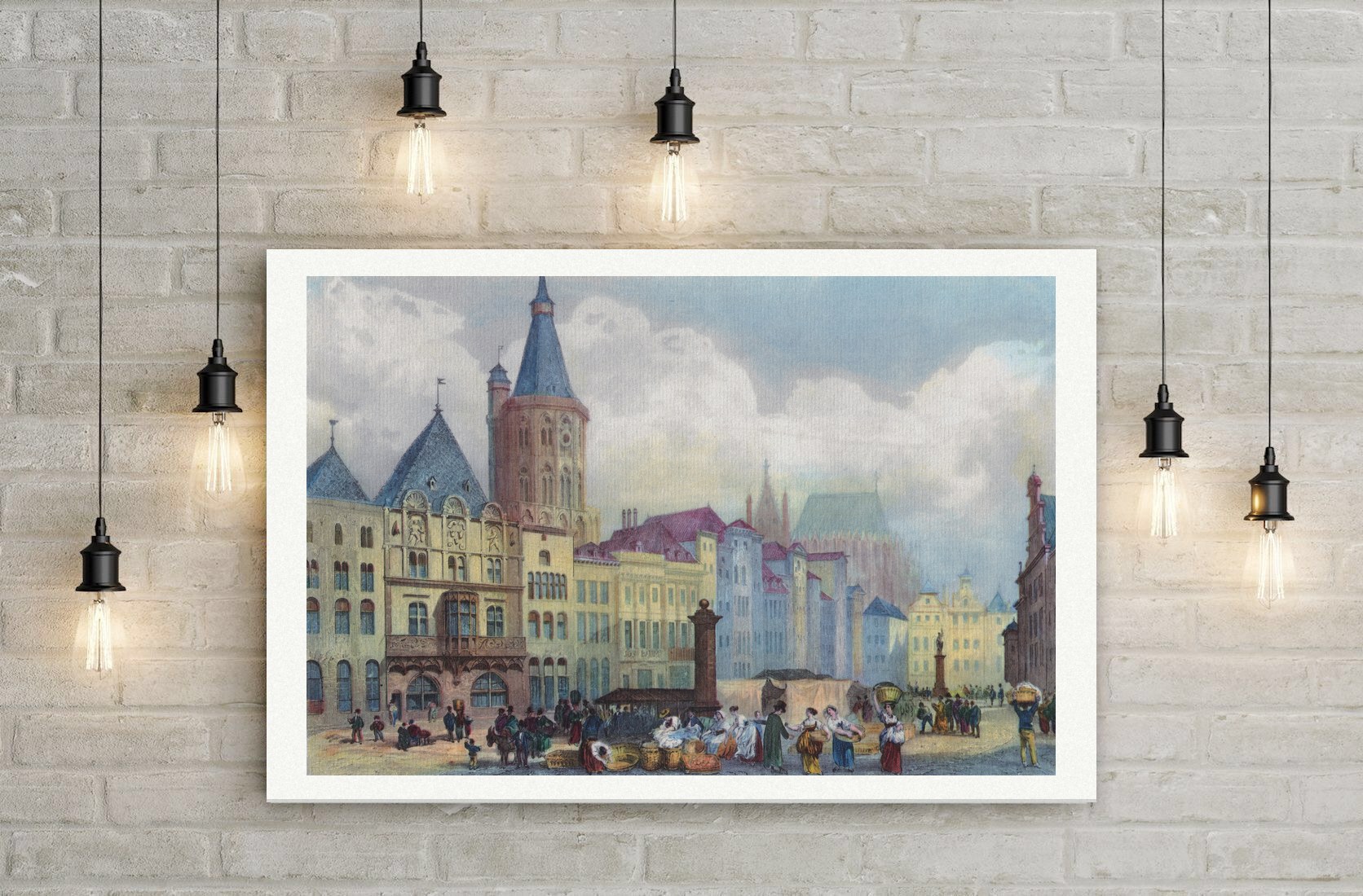 Köln, Alter Markt mit Giebelhäusern, Rathausturm und Markttreiben, kolorierter Stahlstich, Leinwanddruck auf Holzkeilrahmen an der Wand