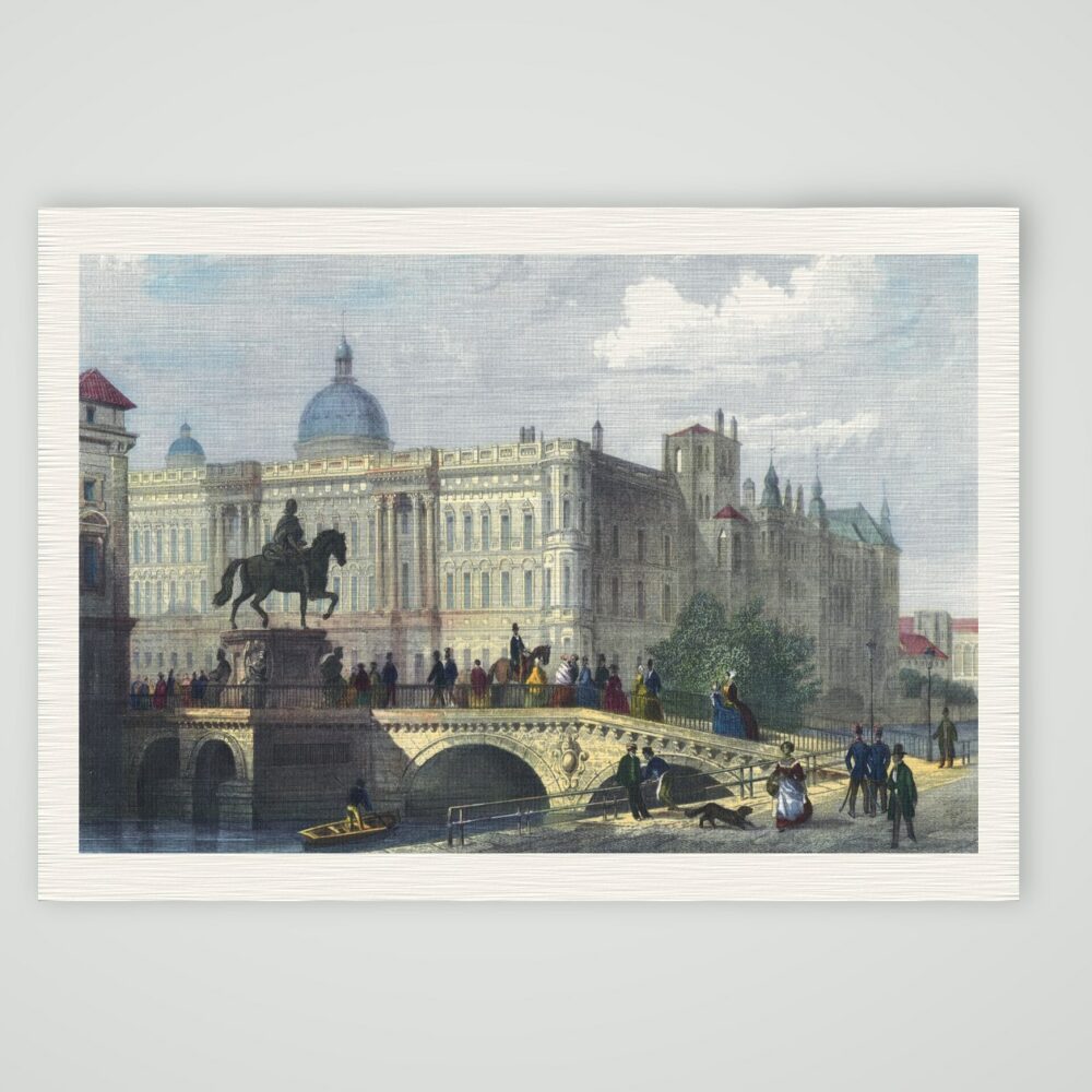 Berlin, Stadtschloss mit Langer Brücke und Reiterstandbild des Großen Kurfürsten, kolorierter Stahlstich, Kunstdruck auf Leinenpapier