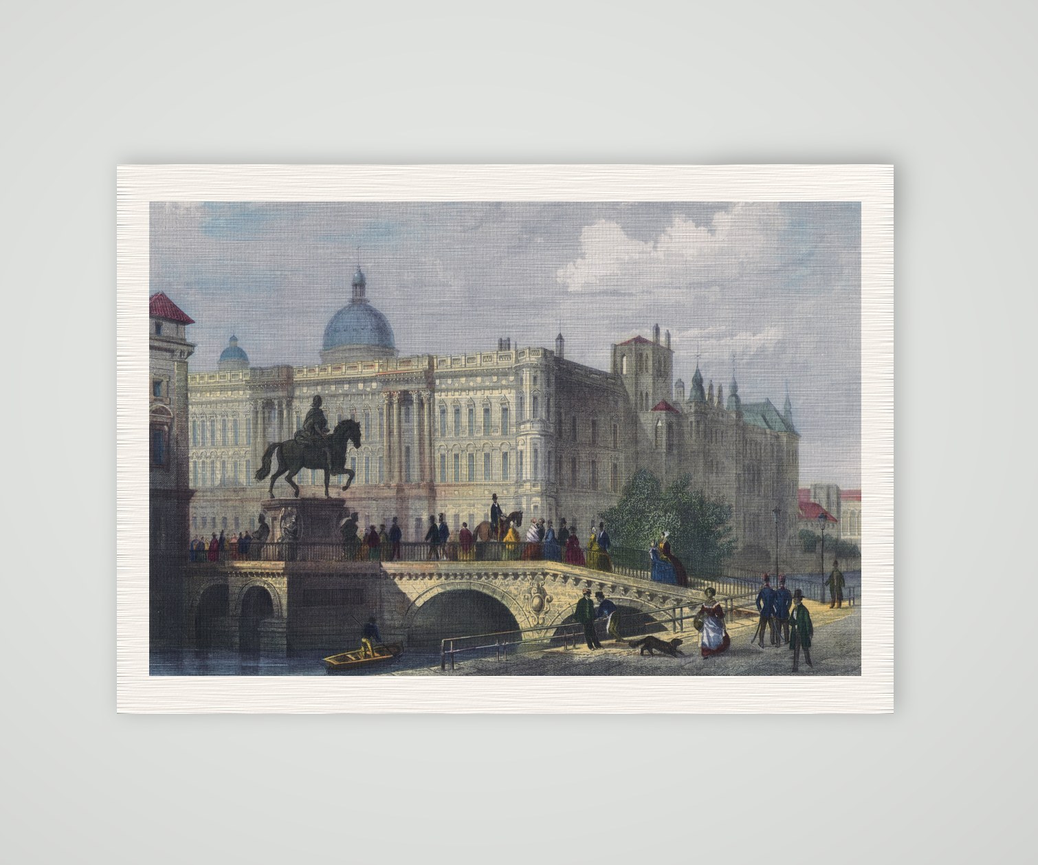 Berlin, Stadtschloss mit Langer Brücke und Reiterstandbild des Großen Kurfürsten, kolorierter Stahlstich, Kunstdruck auf Leinenpapier