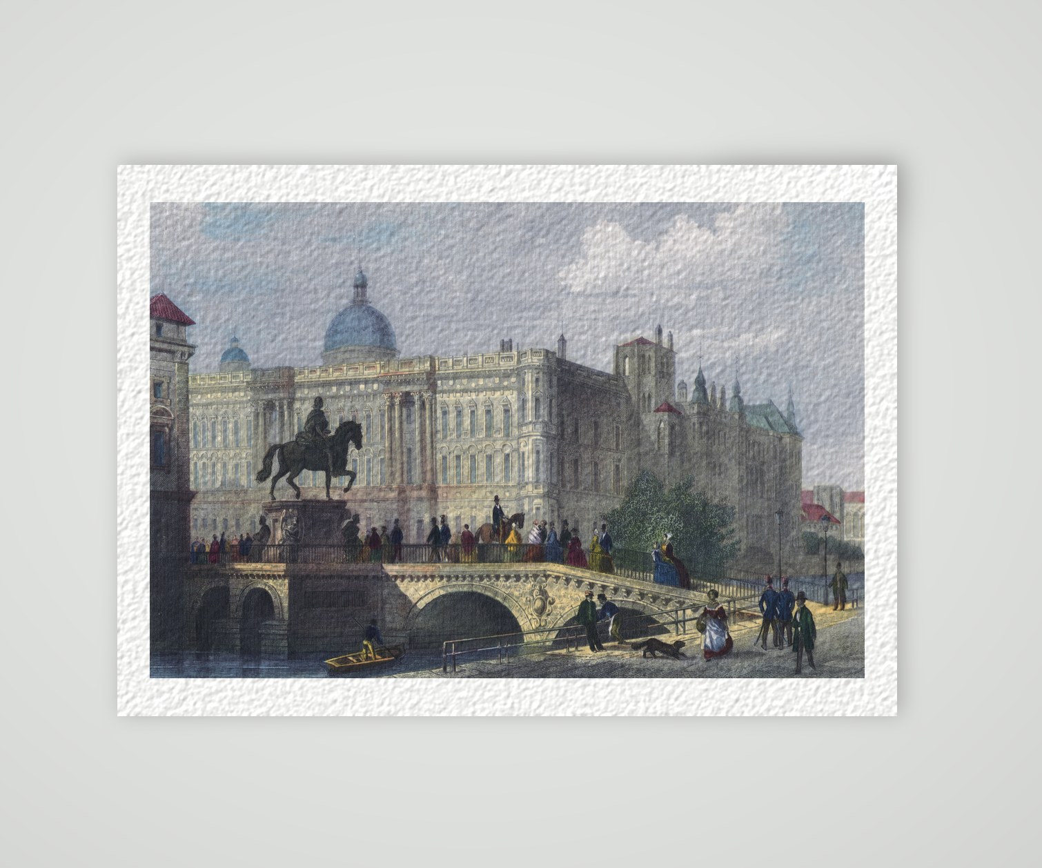 Berlin, Stadtschloss mit Langer Brücke und Reiterstandbild des Großen Kurfürsten, kolorierter Stahlstich, Kunstdruck auf Hahnemühle-Büttenpapier