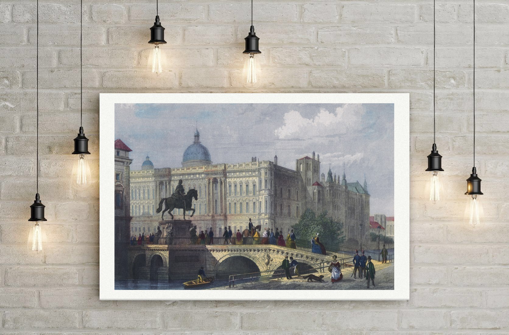 Berlin, Stadtschloss mit Langer Brücke und Reiterstandbild des Großen Kurfürsten, kolorierter Stahlstich, Leinwanddruck auf Holzkeilrahmen an der Wand