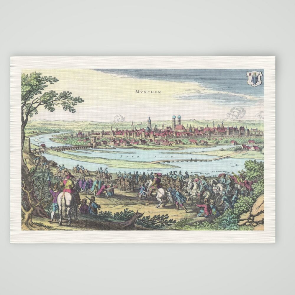 München, Stadtansicht über der Isar mit Stadtwappen, kolorierter Kupferstich nach Merian, Kunstdruck auf Leinenpapier