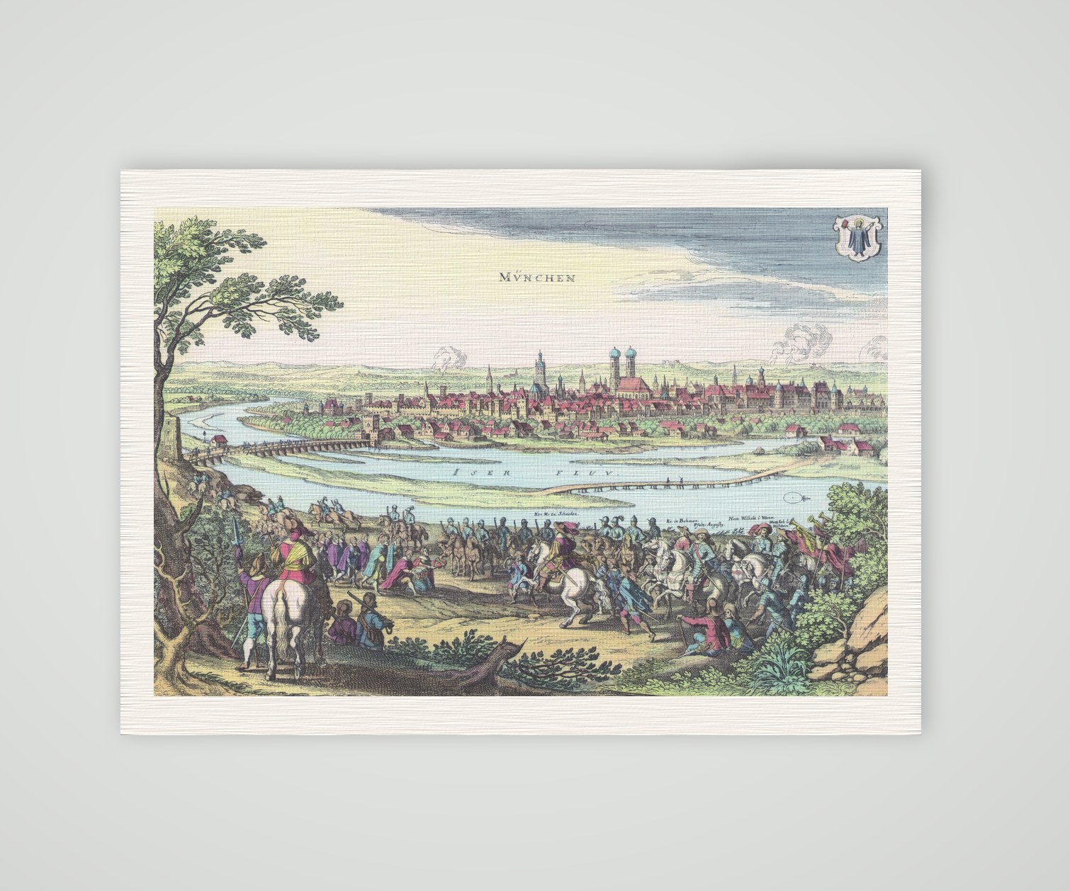 München, Stadtansicht über der Isar mit Stadtwappen, kolorierter Kupferstich nach Merian, Kunstdruck auf Leinenpapier