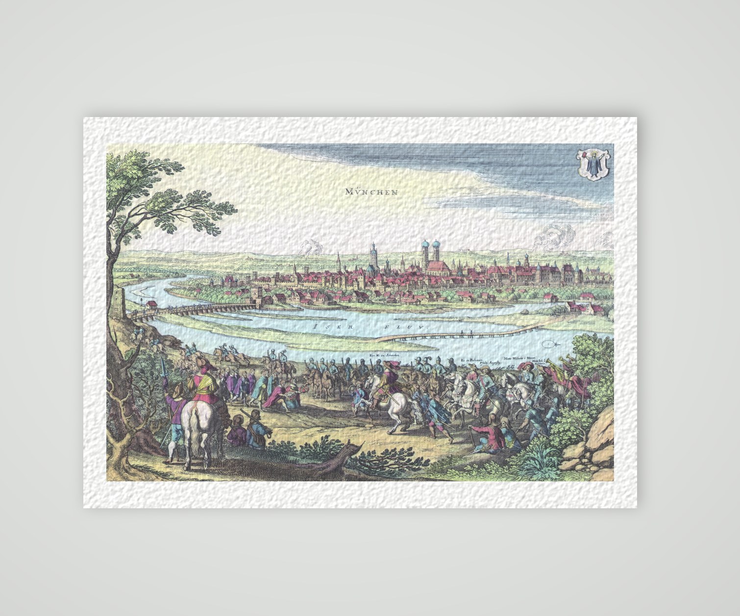 München, Stadtansicht über der Isar mit Stadtwappen, kolorierter Kupferstich nach Merian, Kunstdruck auf Hahnemühle-Büttenpapier