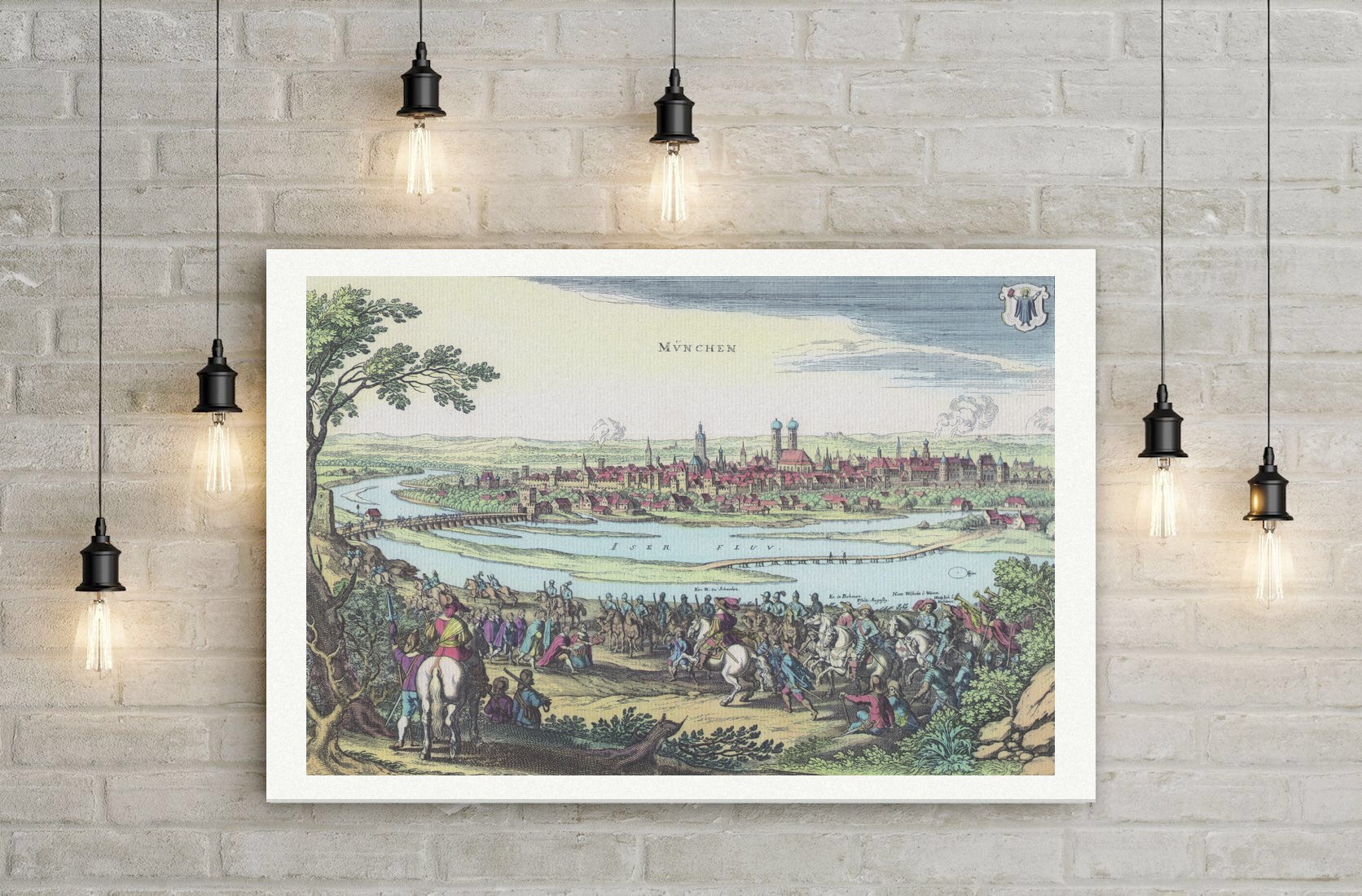 München, Stadtansicht über der Isar mit Stadtwappen, kolorierter Kupferstich nach Merian, Leinwanddruck auf Holzkeilrahmen an der Wand