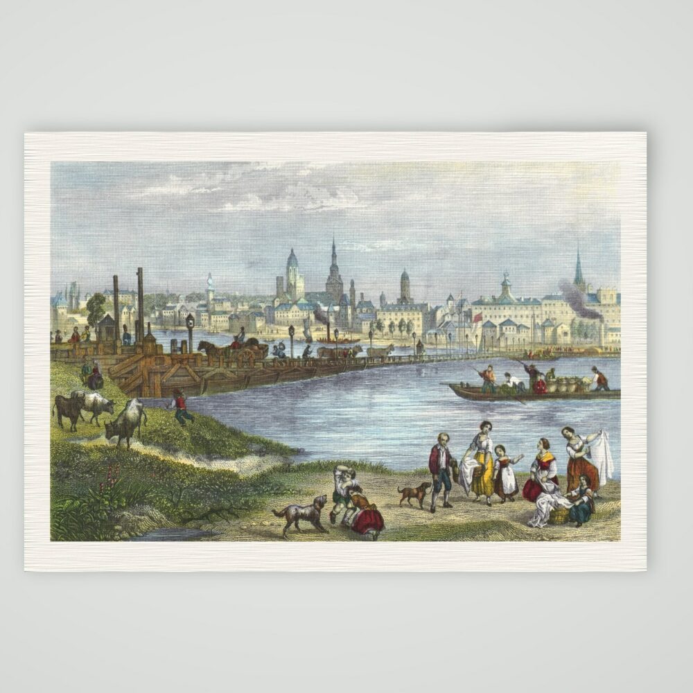 Mainz, Stadtansicht mit Dom und Schiffbrücke über den Rhein, kolorierter Stahlstich, Kunstdruck auf Leinenpapier