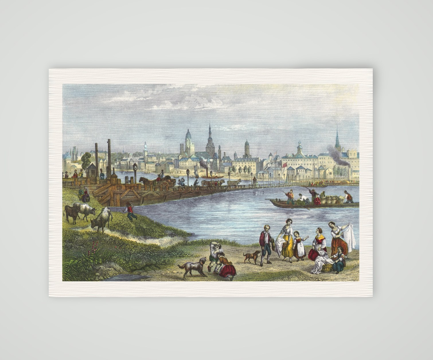 Mainz, Stadtansicht mit Dom und Schiffbrücke über den Rhein, kolorierter Stahlstich, Kunstdruck auf Leinenpapier
