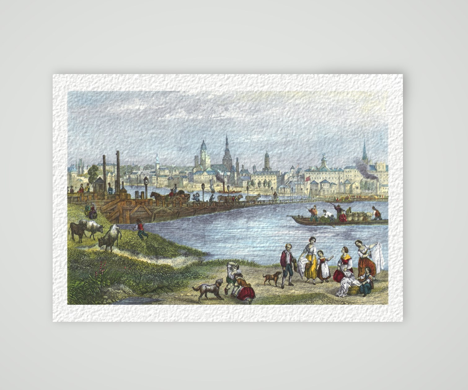 Mainz, Stadtansicht mit Dom und Schiffbrücke über den Rhein, kolorierter Stahlstich, Kunstdruck auf Hahnemühle-Büttenpapier