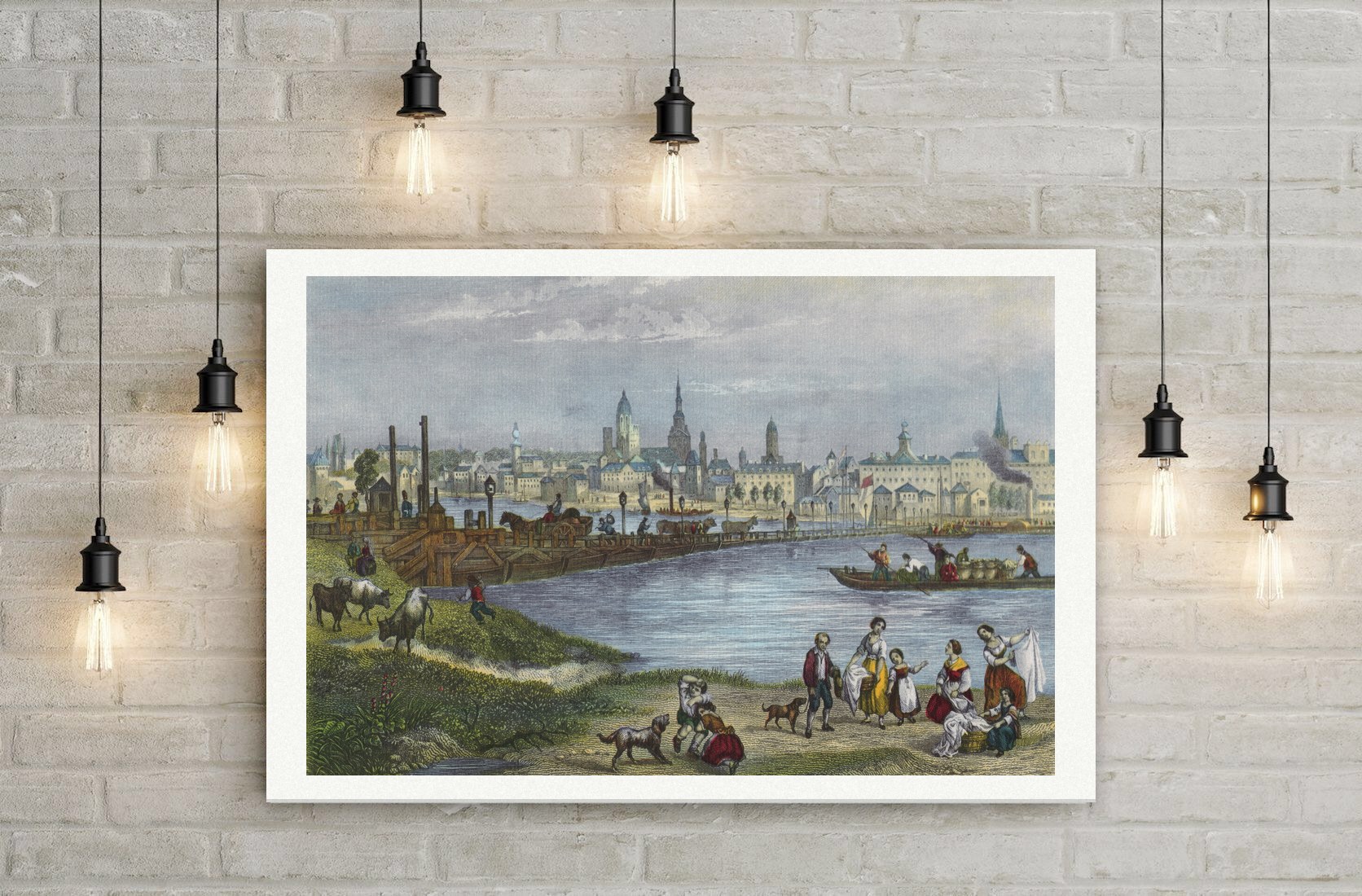Mainz, Stadtansicht mit Dom und Schiffbrücke über den Rhein, kolorierter Stahlstich, Leinwanddruck auf Holzkeilrahmen an der Wand