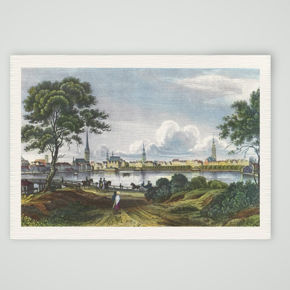 Hamburg, Blick über die Alster auf die Kirchtürme der Stadt, kolorierter Stahlstich, Kunstdruck auf Leinenpapier