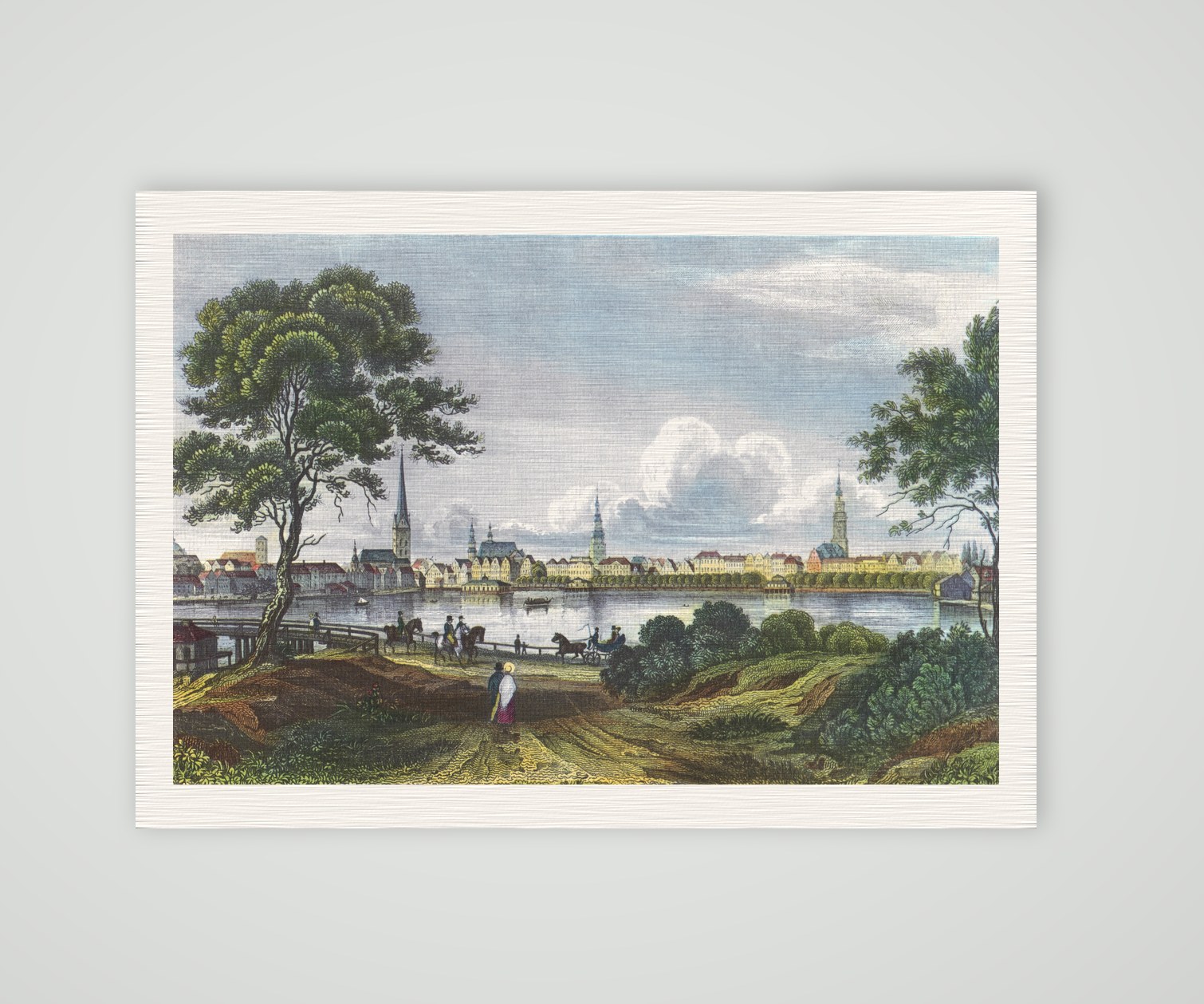 Hamburg, Blick über die Alster auf die Kirchtürme der Stadt, kolorierter Stahlstich, Kunstdruck auf Leinenpapier