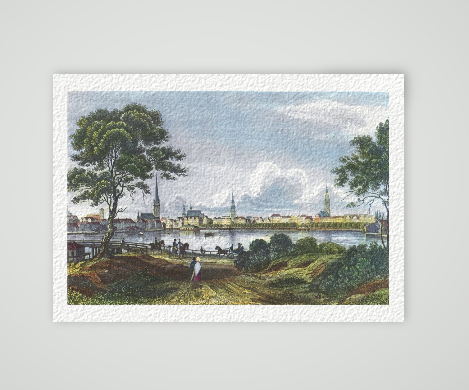 Hamburg, Blick über die Alster auf die Kirchtürme der Stadt, kolorierter Stahlstich, Kunstdruck auf Hahnemühle-Büttenpapier