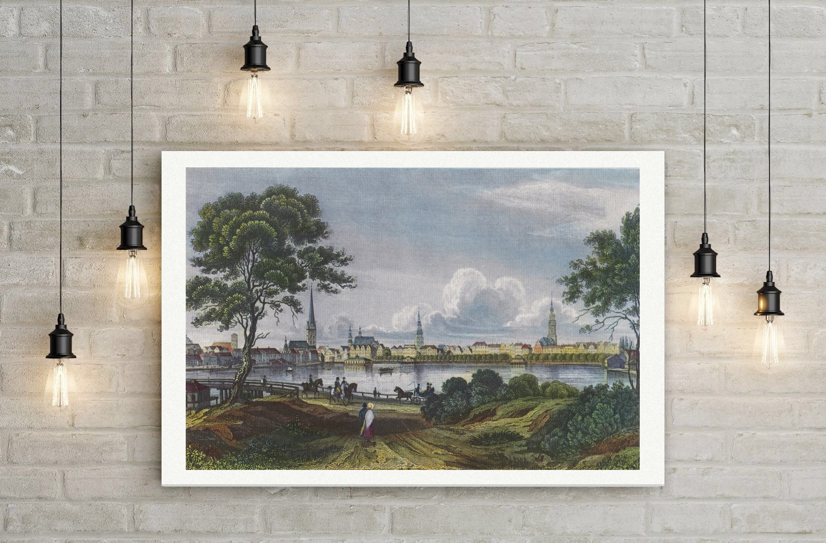 Hamburg, Blick über die Alster auf die Kirchtürme der Stadt, kolorierter Stahlstich, Leinwanddruck auf Holzkeilrahmen an der Wand