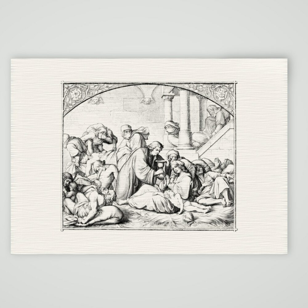 Luther bei den Pestkranken – Stich nach Gustav König (Monogramm GK), Kunstdruck auf Leinenpapier