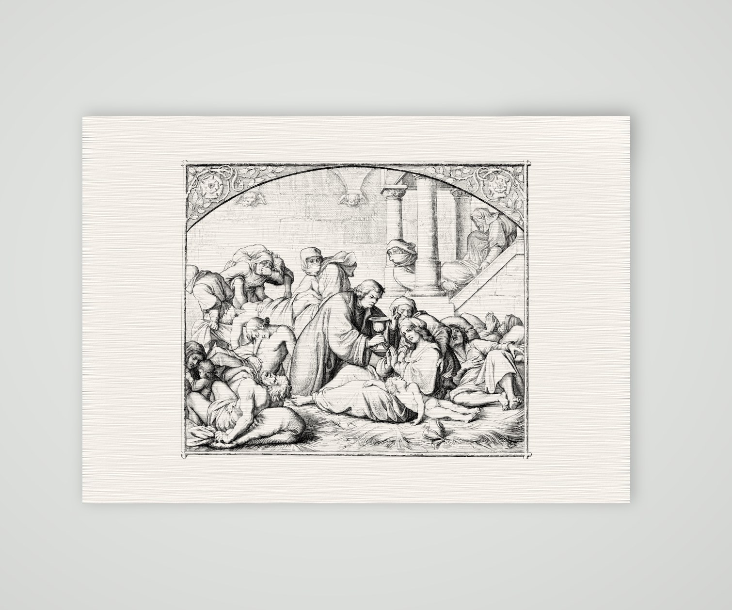 Luther bei den Pestkranken – Stich nach Gustav König (Monogramm GK), Kunstdruck auf Leinenpapier