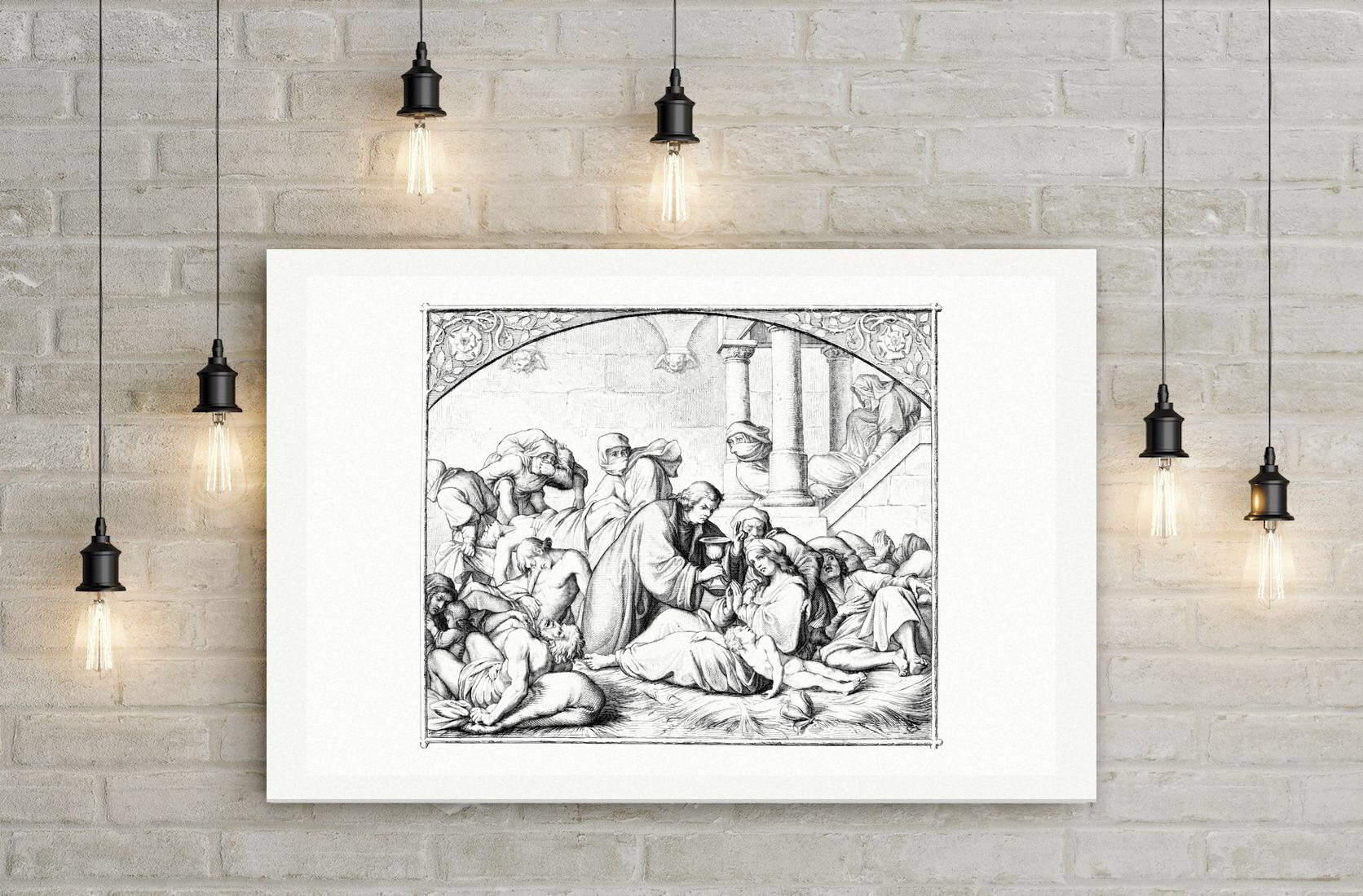 Luther bei den Pestkranken – Stich nach Gustav König (Monogramm GK), Leinwanddruck auf Holzkeilrahmen an der Wand