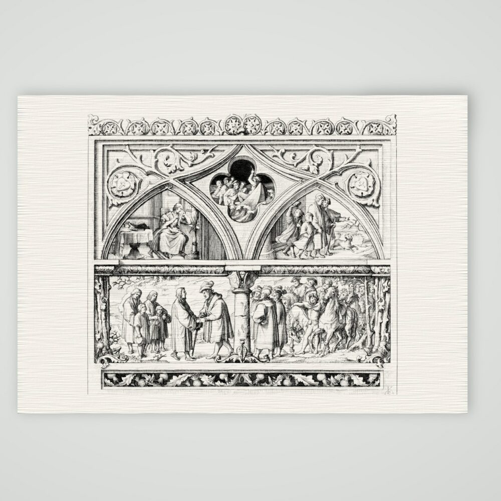 Luthers Abschied von der Familie und Empfang durch die Grafen von Mansfeld – Stich nach Gustav König (Monogramm GK), Kunstdruck auf Leinenpapier