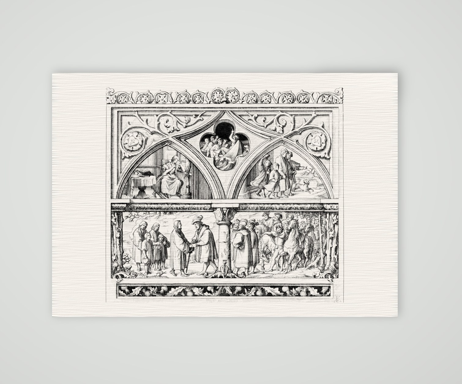 Luthers Abschied von der Familie und Empfang durch die Grafen von Mansfeld – Stich nach Gustav König (Monogramm GK), Kunstdruck auf Leinenpapier