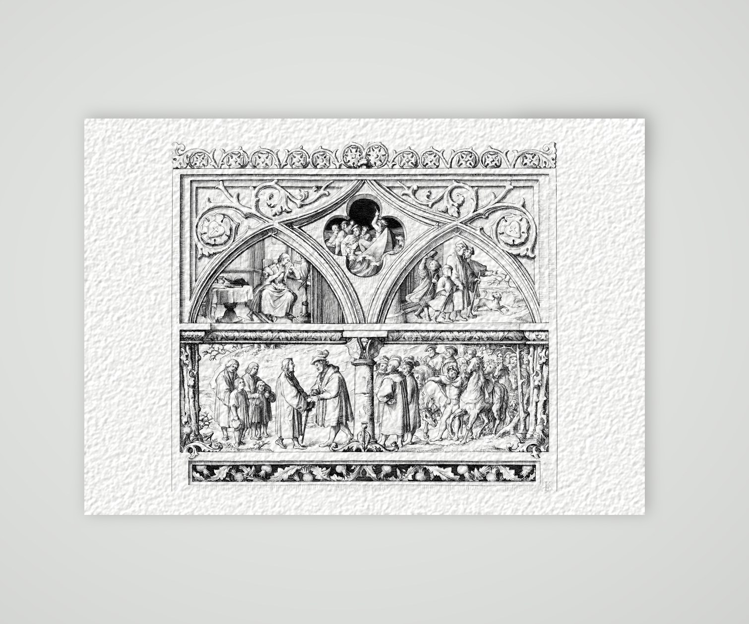Luthers Abschied von der Familie und Empfang durch die Grafen von Mansfeld – Stich nach Gustav König (Monogramm GK), Kunstdruck auf Hahnemühle-Büttenpapier