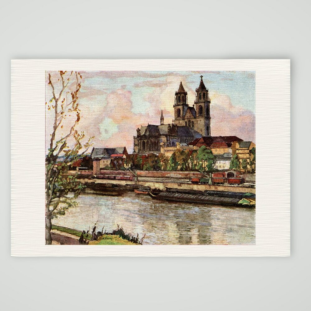 Magdeburg, der Dom über der Elbe – nach Richard Kaiser – Farbrasterdruck nach einem Gemälde von Prof. Richard Kaiser, Kunstdruck auf Leinenpapier
