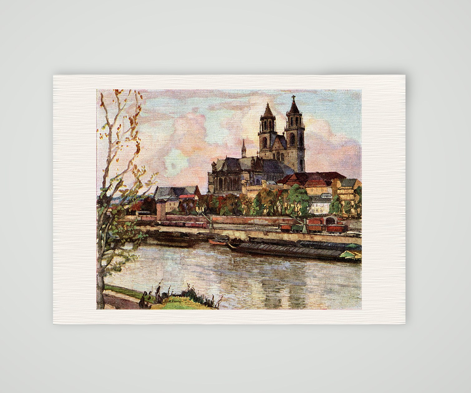 Magdeburg, der Dom über der Elbe – nach Richard Kaiser – Farbrasterdruck nach einem Gemälde von Prof. Richard Kaiser, Kunstdruck auf Leinenpapier