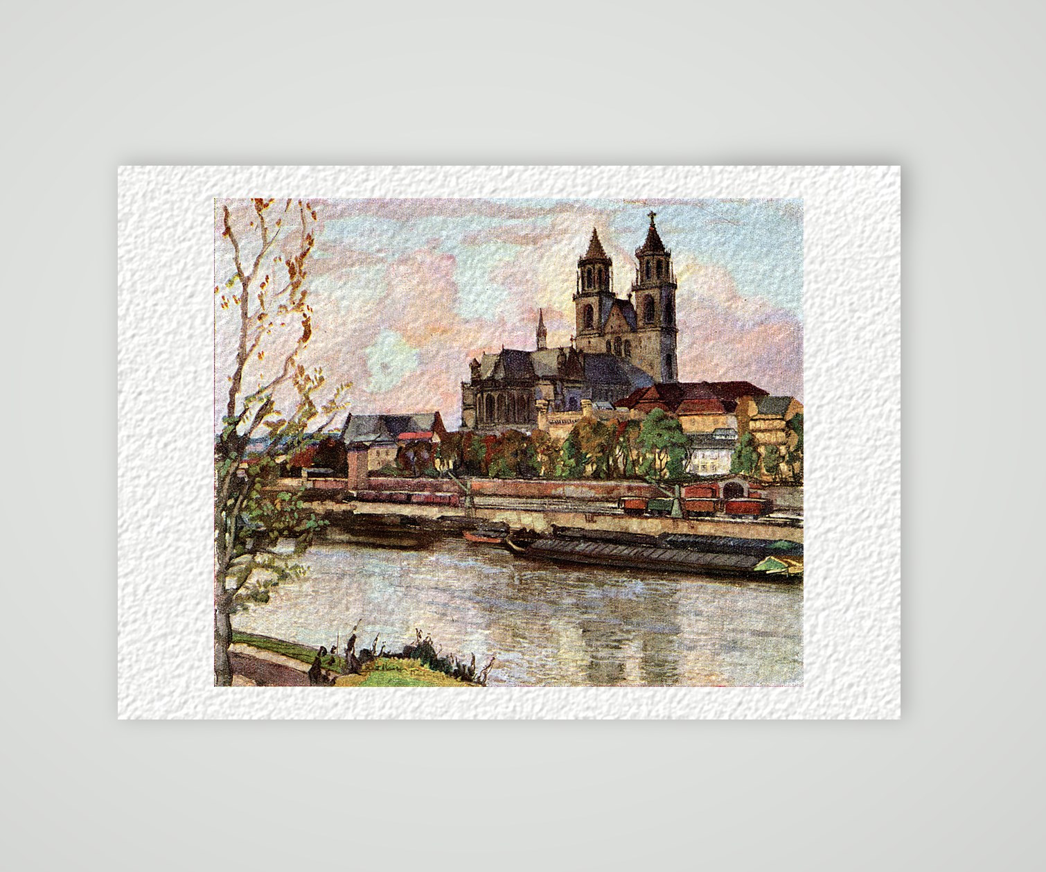 Magdeburg, der Dom über der Elbe – nach Richard Kaiser – Farbrasterdruck nach einem Gemälde von Prof. Richard Kaiser, Kunstdruck auf Hahnemühle-Büttenpapier