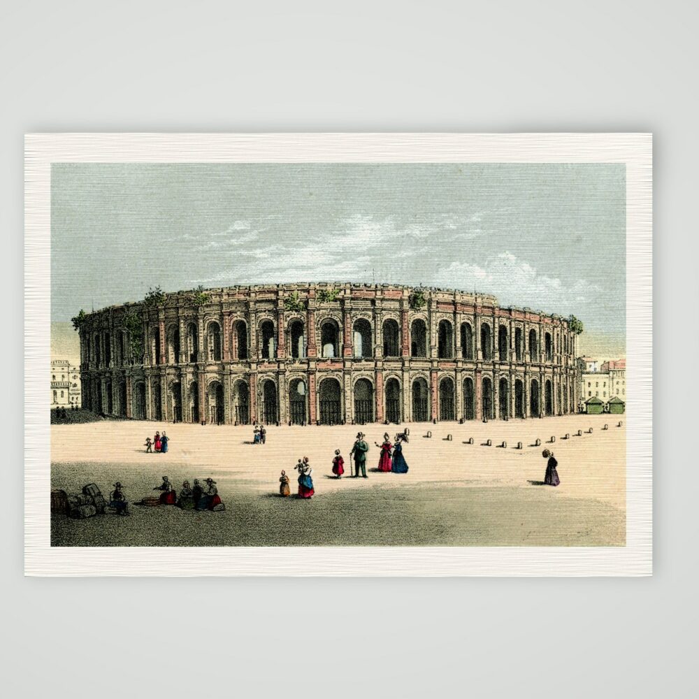 Nîmes, die römische Arena von außen – Lithografie, Kunstdruck auf Leinenpapier